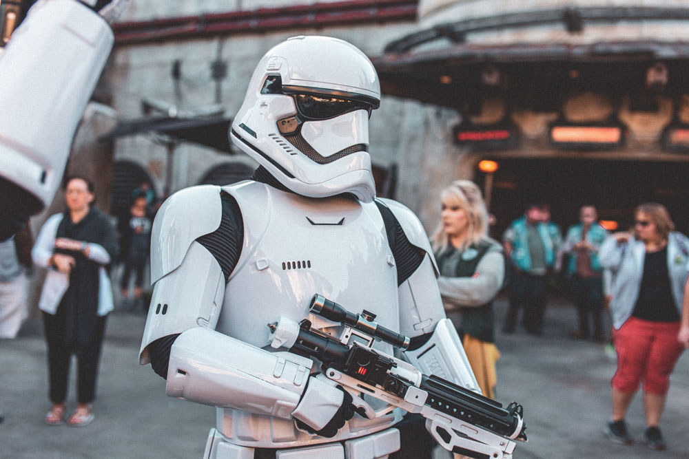 Star Wars stormtrooper character in busy street