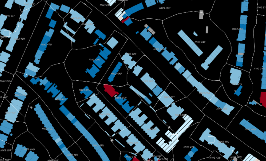 Figure 4: Postcode boundaries and buildings in the 3DStock model (see figure 3 for key).