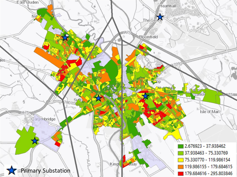 Map of peak electricity demand in Dumfries, Scotland