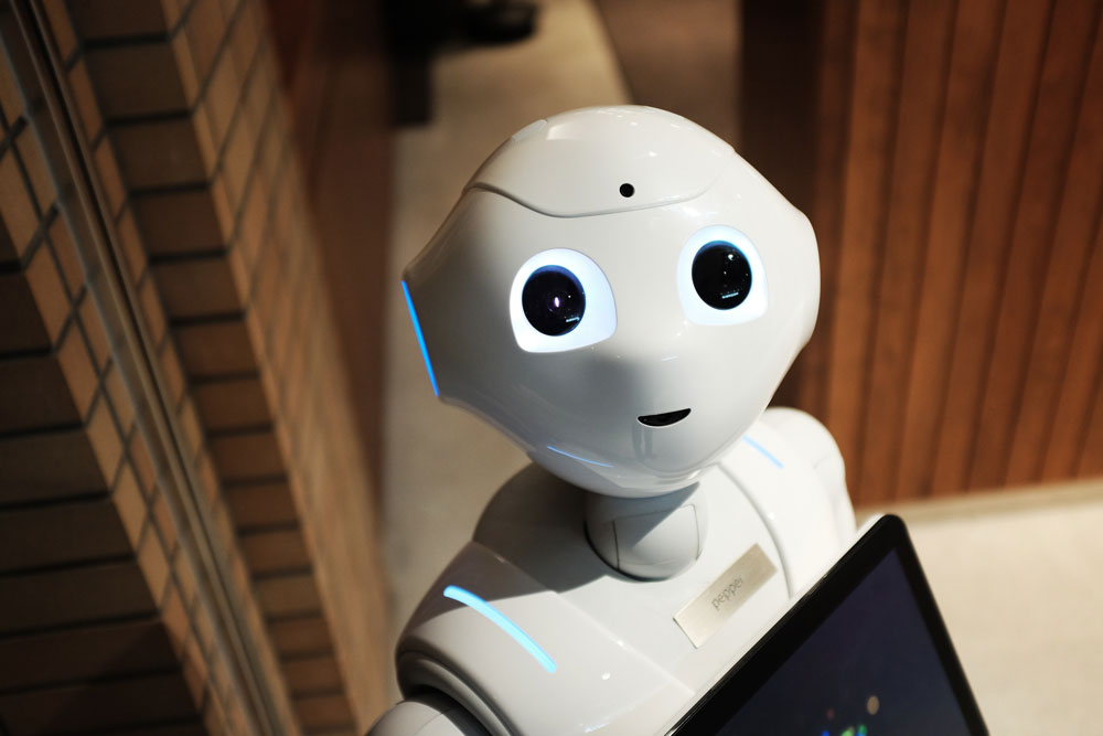 Contemporary humanesque robot with pleasant, innocent face.