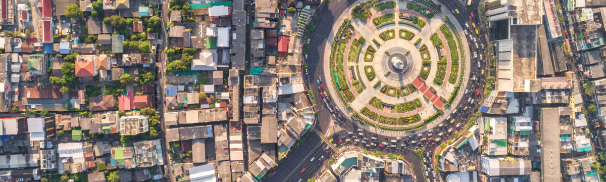 Aerial view of a roundabout and traffic via Shutterstock